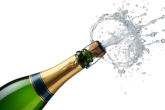 Champagne bottle popping isolated on transparent background, celebrating a special occasion