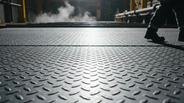 Worker Walks Through Industrial Factory Floor with Steam and Yellow Overhead Lighting Dramatic Shadows on Diamond Plate Metal Surface