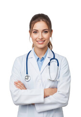 Fototapeta premium Smiling female medical professional wearing a white lab coat and stethoscope with arms crossed isolated on transparent background