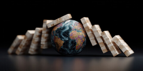 Falling domino globe chain reaction risk collapse balance global wooden dark background