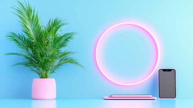A green plant in a pink pot, a smartphone, and a neon pink circle against a blue background, creating a modern and minimalist composition.
