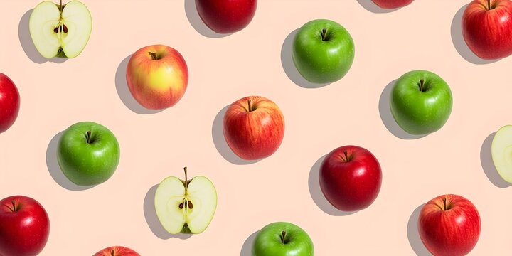 Pattern of fresh red green and yellow apples some sliced in half arranged on a light pink background