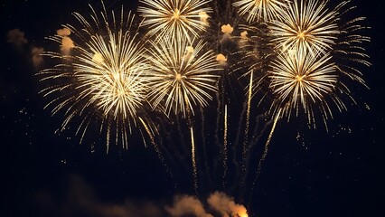 Golden fireworks illuminate the night sky during a festive celebration with vibrant bursts of light and color creating a magical and celebratory atmosphere