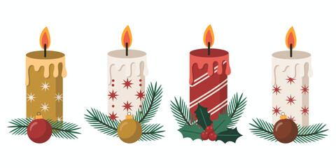 Four decorated Christmas candles with glowing flames and festive greenery accents, perfect for holiday illustrations, winter designs, seasonal graphics, decorative artwork, transparent background proj