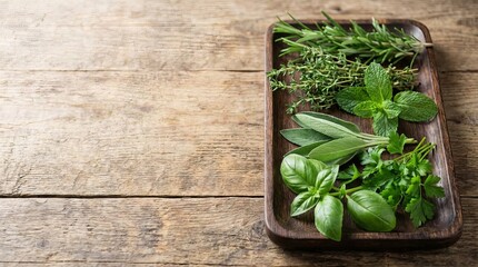 Various fresh herbs—rosemary, thyme, mint, sage and more—arranged neatly on a wooden plate, set atop a rustic wooden background for a natural culinary scene
