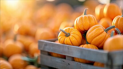 Close-up of small pumpkins in a wooden crate, bathed in warm sunlight, creating a cozy autumn scene.