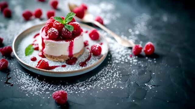 A closeup shot of a dessert plate with a dessert topped with raspberries and cream. The dessert appears to be a cheesecake with a berry compote and mint leaf garnish.