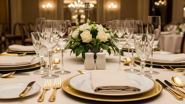 Elegant Table Setting with Gold Accents and White Roses Centerpiece