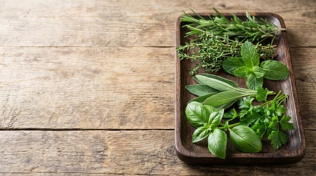 Various fresh herbs—rosemary, thyme, mint, sage and more—arranged neatly on a wooden plate, set atop a rustic wooden background for a natural culinary scene
