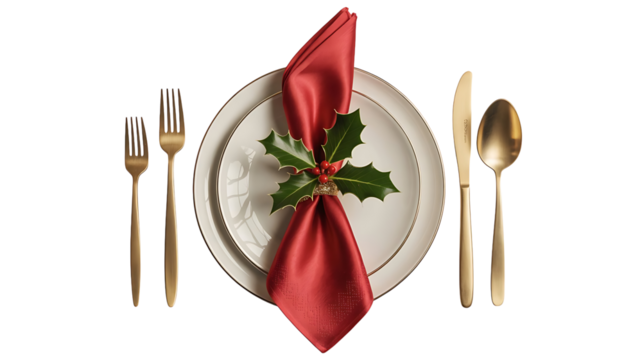 Festive christmas table setting isolated on transparent background, red napkin and holly