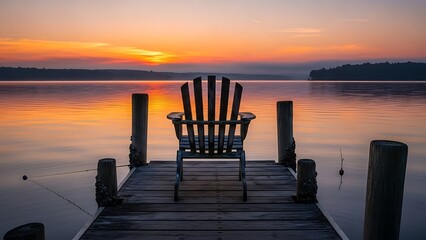 Adirondack chair on a wooden dock at sunset overlooking a tranquil lake with orange and yellow sky reflecting in the water creating a peaceful scene