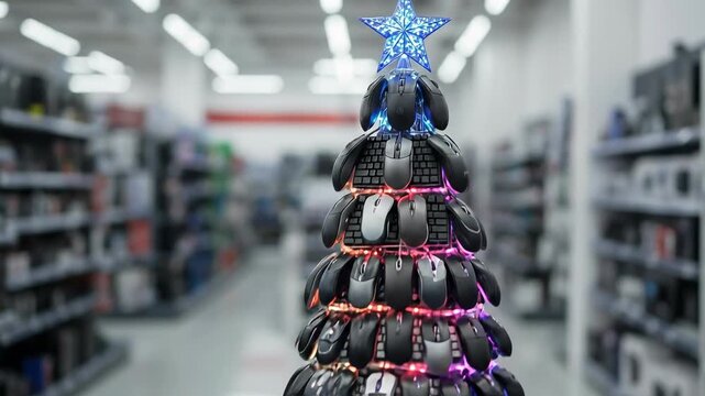 A Unique Christmas Tree Crafted from Computer Mice and Keyboards at a Retail Electronics Store, Blending Holiday Cheer with Tech Innovation in a Modern Shopping Environment