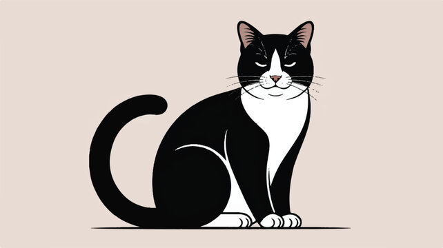 A minimalist illustration of a black and white tuxedo cat in a sitting position against a light beige background.  

