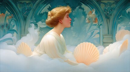 An elegant woman in a white dress is surrounded by seashells and ethereal clouds in a dreamy, artistic scene. The artwork has a soft, romantic feel.