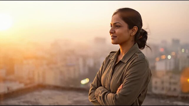 Indian female military soldier on a rooftop at dawn