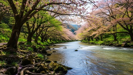 Cherry Blossom Trees Lining River