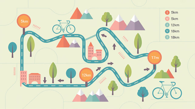 Infographic of a cycling route map vector illustration of a bike path with distance markers perfect for travel and tourism websites