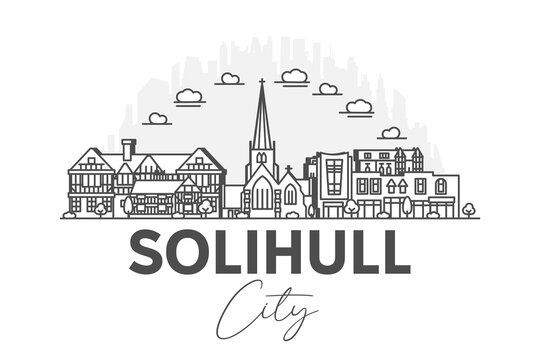 Solihull, England architecture line skyline illustration with shadows. Linear vector cityscape with famous landmarks, city sights, design icons.
