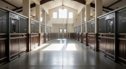 Fototapeta premium Interior view of a stable with horse stalls