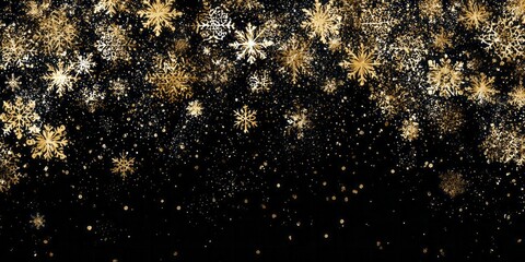Sparkling gold and white snowflakes cascade downward over a solid black background.