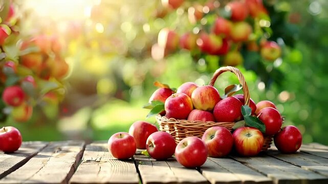 A closeup of a basket filled with red apples on a wooden surface. The apples are vibrant in color, with a mix of red and yellow hues. The basket is brown.