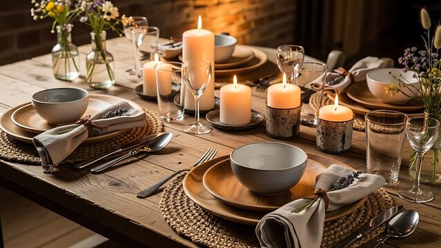 Rustic Wooden Table Setting with Lit Candles and Floral Accents