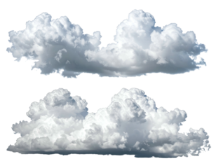 Two cumulus clouds, white-grey, fluffy, isolated on black