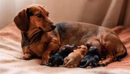 Mother Dachshund Dog Nursing Newborn Puppies on a Cozy Blanket