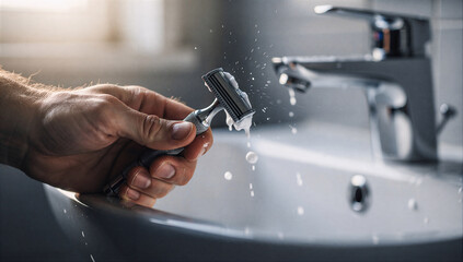 Close Up of Male Hand Rinsing Safety Razor Under Running Water in Bathroom Sink