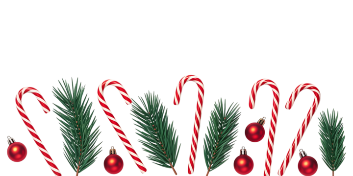 Christmas border with candy cane, fir branch and bauble isolated on transparent background