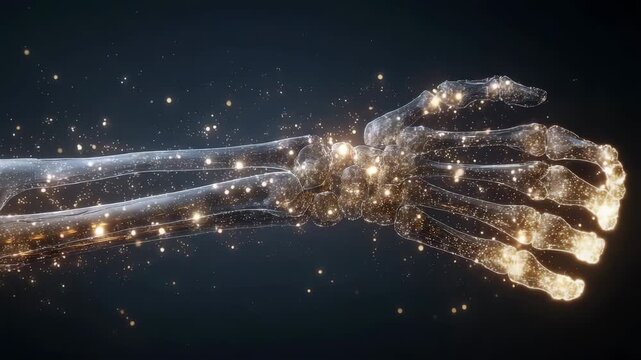 Glowing translucent rendering of human arm bones, symbolizing health, energy, and digital anatomy