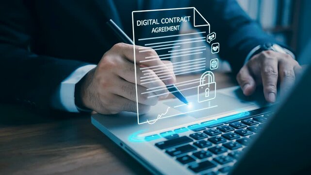 A businessman signing a digital contract on a laptop with hologram document and security lock, showing data protection, legal compliance, agreement process, technology and corporate workflow. - Powered by Adobe