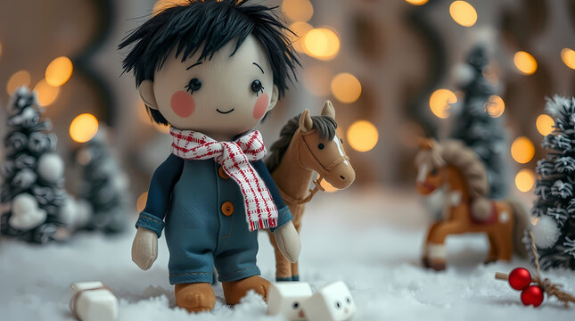 A doll boy in overalls and a scarf stands next to a horse in a snowy meadow.
