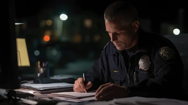 Police officer working late at night, writing a report in the dim office light