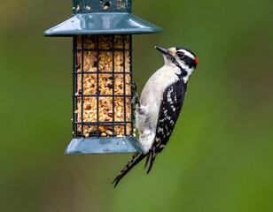 Downy woodpecker perched on a green bird feeder against a blurred green background in natural daylight