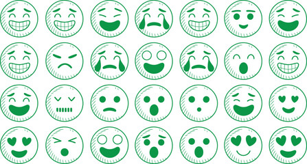 Collection of hand drawn emoticons expressing various emotions including happiness sadness anger surprise and fear presented in a grid pattern against a white background