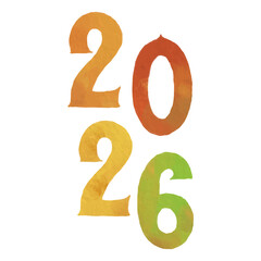 Colorful “2026” number illustration in textured watercolor style. Great for New Year designs, calendars, greeting cards, seasonal graphics, and decorative projects.