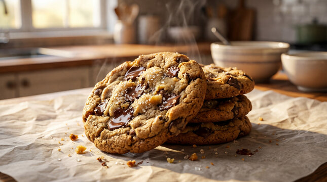 Stack of hot chocolate chip cookies on baking paper surface
