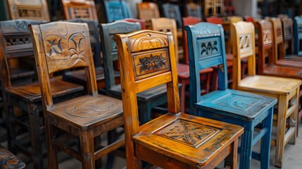 Neatly Arranged Wooden Furniture Pieces for Inspection in Workshop or Retail Setting