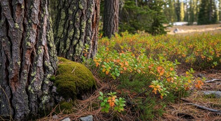 Forest floor with mossy rocks pine needles and autumn foliage