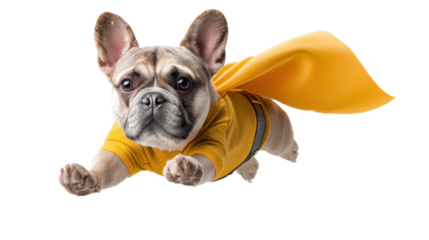 Superhero Dog in Flight with Yellow Cape on Transparent Background