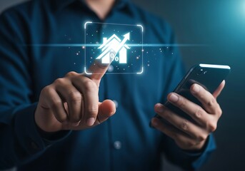 Man using smartphone to interact with smart home technology interface