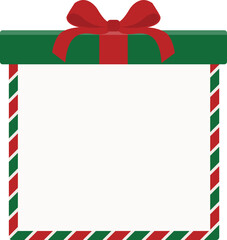 A festive Christmas gift box frame and border vector illustration, featuring red and green stripes with a decorative top bow for background or text space.