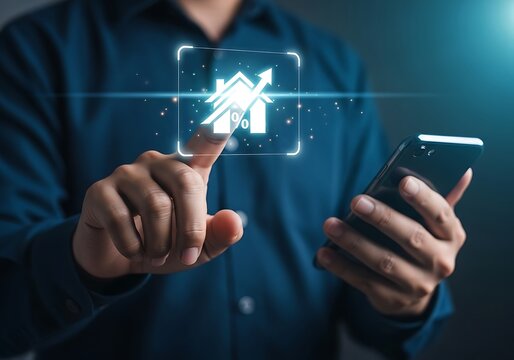 Man using smartphone to interact with smart home technology interface