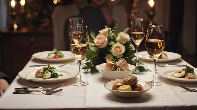 Elegant Dining Table Setup with Wine and Appetizers in Soft Lighting