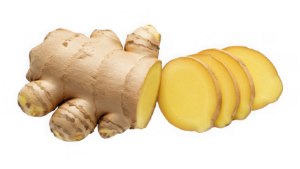 Whole ginger root and slices isolated on a clean background.