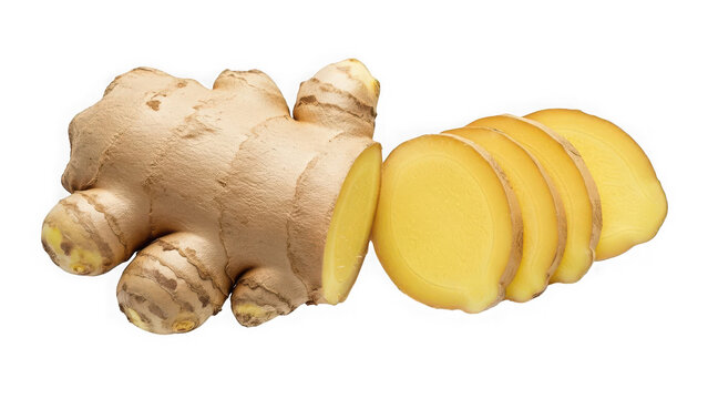 Whole ginger root and slices isolated on a clean background.