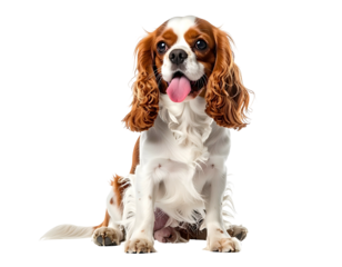 A cute brown and white spaniel dog sitting with tongue out, looking front