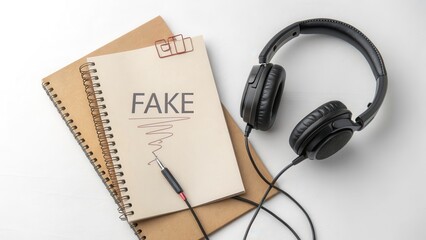 Headphones and notebook with FAKE text on white surface