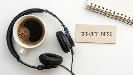 Headset and coffee mug on a white desk ready for service
